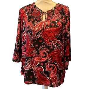 dress barn Size medium blouse black red paisley sequins dress up Office